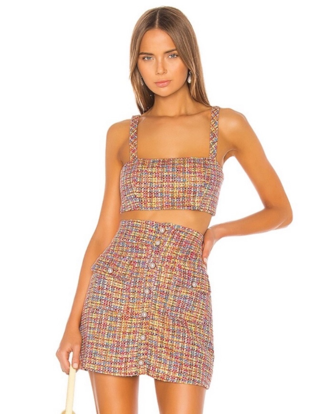 REVOLVE Song of Style Lyric Rainbow Tweed Skirt Bralette Matching Set Pearl US S